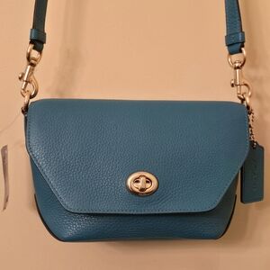 COACH C2815 Karlee Crossbody Bag Teal Pebble Leather Blue Suede Gold Turnlck NWT